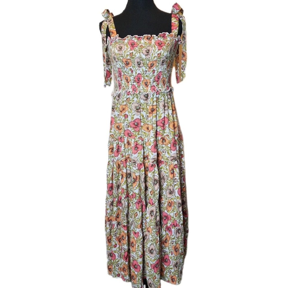 Abel the Label XS Maxi Midi Tiered Dress Floral Peasant Cottage Prairie Boho Bow